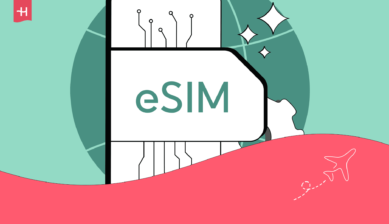 رسم توضيحي للكرة الأرضية مع كلمة "eSIM" كصورة رئيسية لمقال عن هواتف eSIM