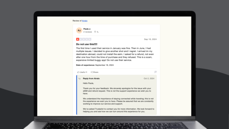 لقطة شاشة لمراجعة Airalo على Trustpilot