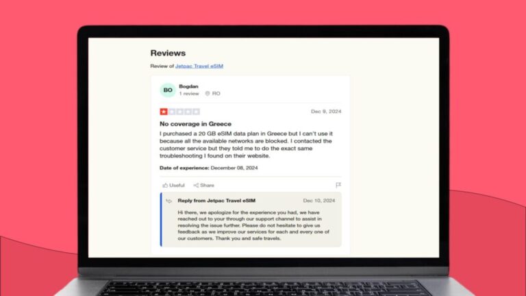 مراجعة على Trustpilot للمستخدم Bogdan يعبر فيها عن استيائه من عدم توفر تغطية لشبكة Jetpac eSIM في اليونان رغم شرائه باقة 20 جيجابايت.