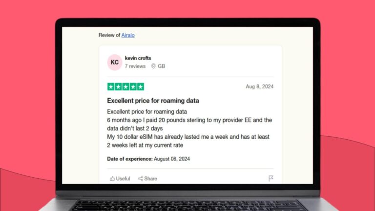مراجعة على Trustpilot تتناول جودة السعر لشريحة Airalo eSIM.