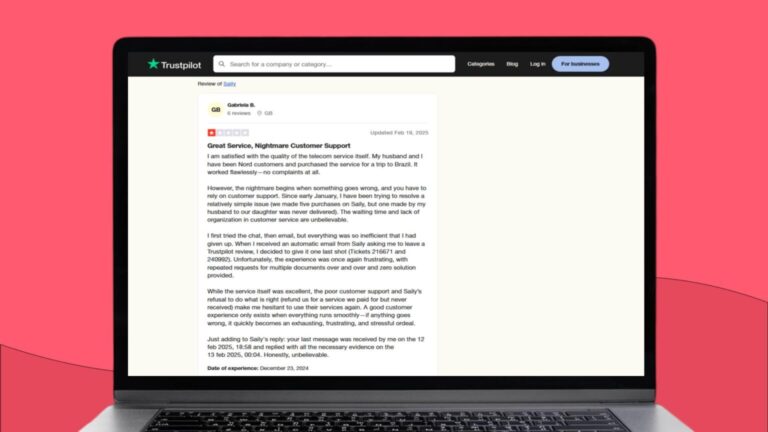 لقطة شاشة لتقييم المستخدمة Gabriela على Trustpilot حول تجربتها السلبية مع خدمة عملاء Saily.