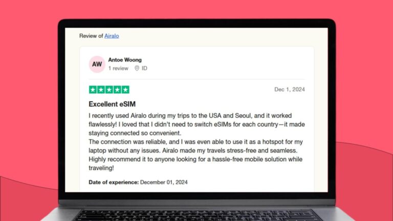 مراجعة على Trustpilot لمستخدم يعبر عن رضاه عن التغطية في الولايات المتحدة وكوريا الجنوبية.