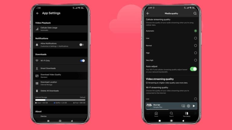 شاشتان توضحان إعدادات استخدام البيانات وجودة البث في Spotify