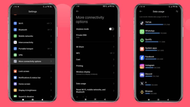 شاشات على Android توضح خطوات التحقق من استخدام البيانات في الإعدادات
