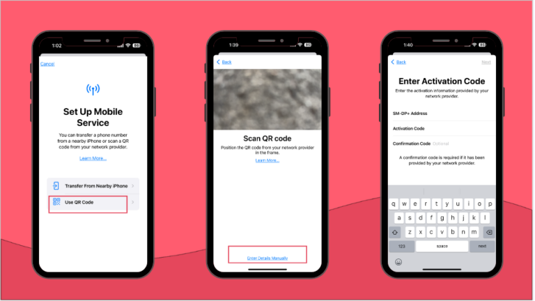 ثلاث شاشات آيفون توضح خطوات إدخال البيانات يدوياً لتفعيل شريحة eSIM، بما في ذلك إعداد عنوان SM-DP+.
