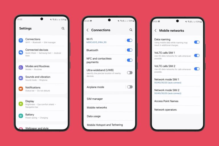 ثلاث شاشات من هاتف سامسونج توضح طريقة تفعيل تجوال البيانات عبر الدخول إلى الإعدادات، ثم الاتصالات، ثم شبكات الهواتف المحمولة وتفعيل زر "تجوال البيانات".