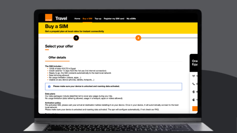 صفحة شراء شريحة SIM من Orange Travel كأحد خيارات أفضل شريحة بيانات في مصر للمسافرين
