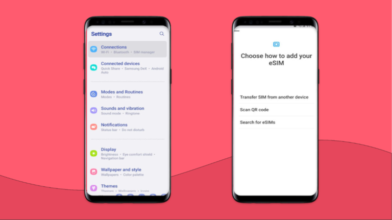 خطوات نقل شريحة eSIM إلى جهاز آخر اندرويد على هاتف Samsung من خلال قسم الاتصالات وخيار إضافة eSIM
