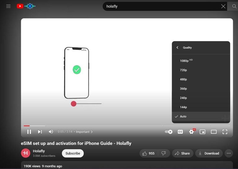 إعدادات جودة الفيديو على يوتيوب تُظهر خيارات الدقة المختلفة وتأثيرها على كم يستهلك اليوتيوب من النت في الساعة
