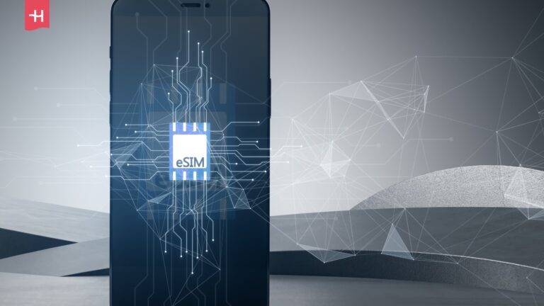 Ekranda "eSIM" kelimesi ve bir SIM kart görseli olan telefon
