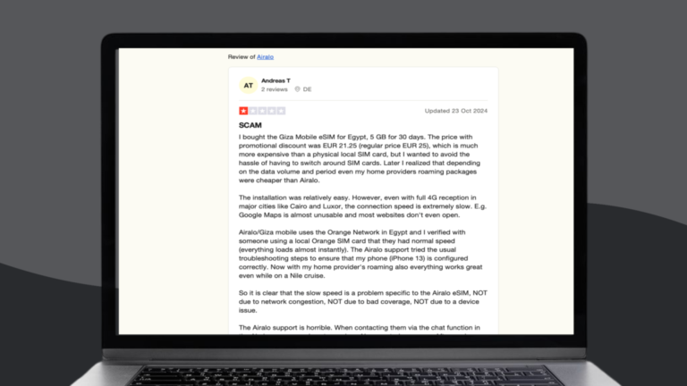 Skjermdump av en Airalo eSIM-anmeldelse hvor bruker Andreas T forklarer at hans egen operatør sine datapakker er billigere enn Airalo sine