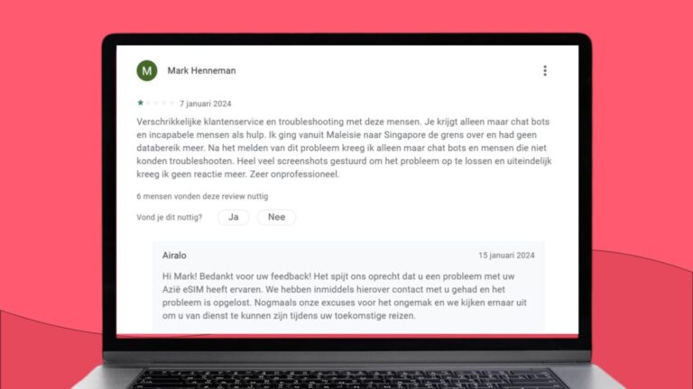 Airalo-anmeldelse på Google Play der brukeren Mark oppgir at han ikke er fornøyd med kundeservicen