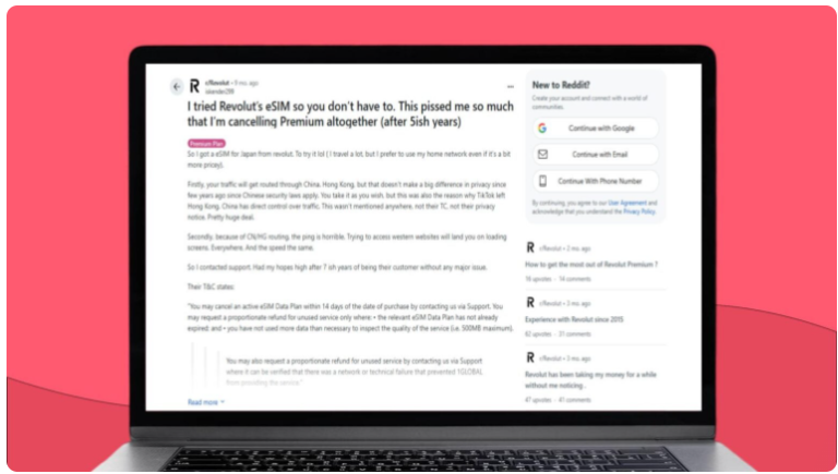 Bærbar datamaskin som viser en Revolut eSIM-anmeldelse fra en kunde som ikke var fornøyd med tjenesten i Japan