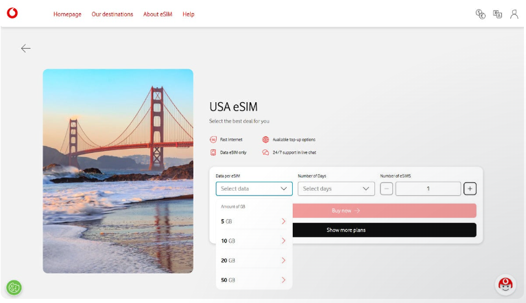 Vodafone Travel eSIM for USA – bygg din egen datapakke.
Kilde: Vodafone Travel eSIM-nettsiden