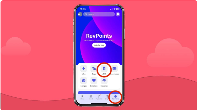 Bilde av en smarttelefon som viser Revolut-appen og hvor du finner eSIM i appen