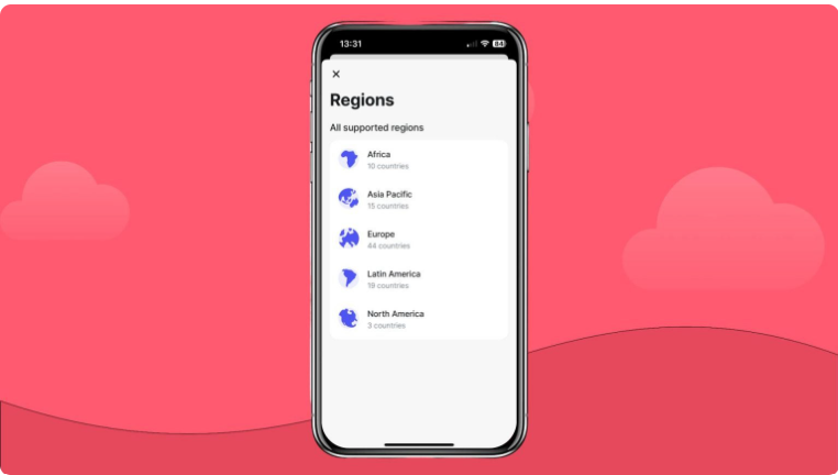 Bilde av en smarttelefon som viser Revolut-appen og hvilke regioner de tilbyr eSIM i