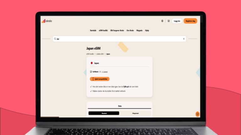 Bærbar datamaskin med informasjon om Airalo eSIM for Japan på skjermen.
