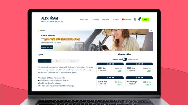 Bærbar datamaskin med informasjon om Flexiroam eSIM for Japan på skjermen.