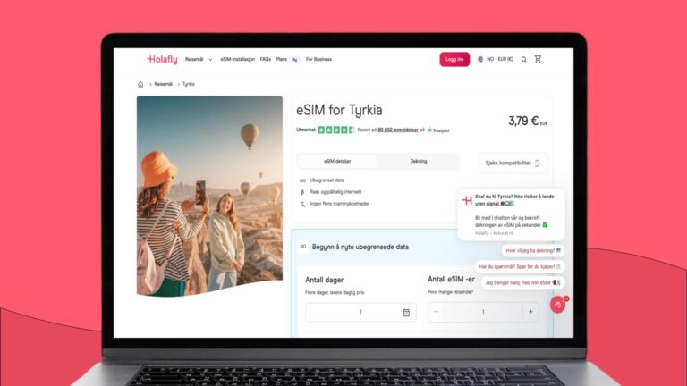 Skjermbilde av Holafly sin nettside for eSIM i Tyrkia, som fremhever ubegrenset data og en Trustpilot-vurdering på 4,7 stjerner.
