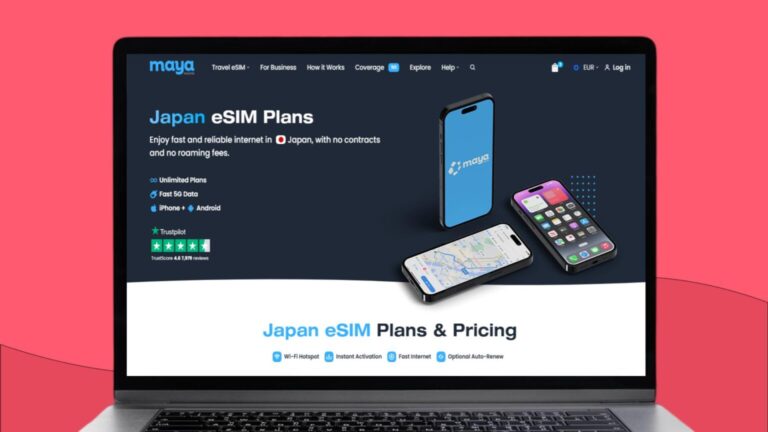 Bærbar datamaskin med informasjon om Maya eSIM for Japan på skjermen.