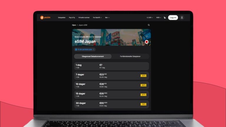 Bærbar datamaskin med informasjon om Yesim eSIM for Japan på skjermen.