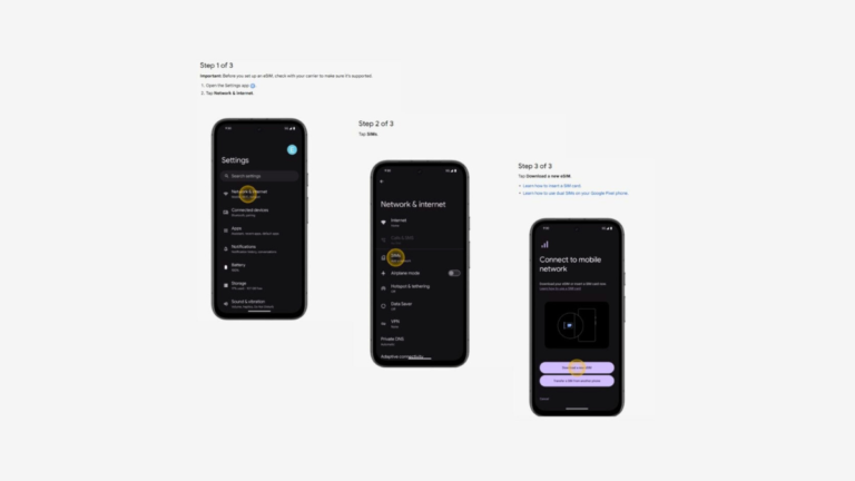 Steg-for-steg guide som viser hvordan du aktiverer eSIM på en Google Pixel-telefon via Innstillinger og SIM-administrasjon