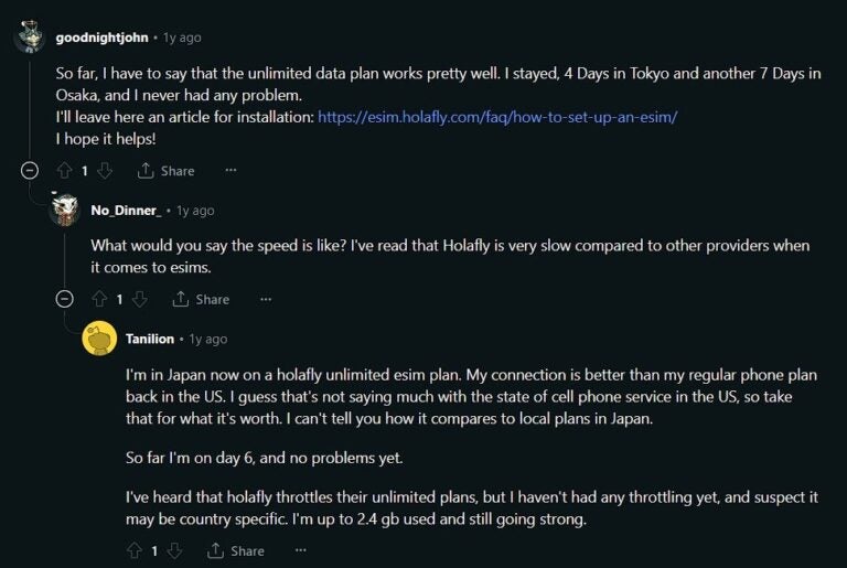 Skjermbilde av en Reddit-anmeldelse der en bruker anbefaler Holafly eSIM for Japan.