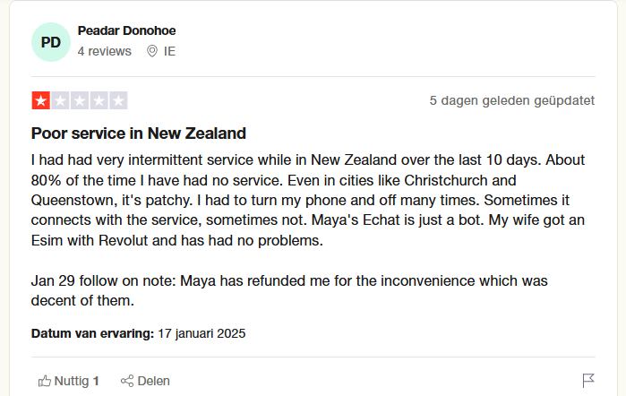 Trustpilot-anmeldelse om ustabil dekning med Maya eSIM under en reise i New Zealand.