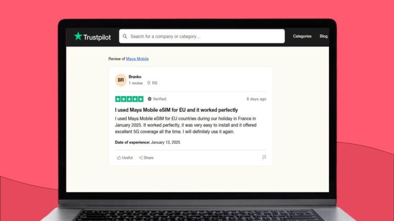 Trustpilot-anmeldelse fra bruker Branko som beskriver stabil 5G-dekning med Maya eSIM under en reise i Europa.
