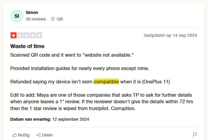 Trustpilot-anmeldelse fra Simon som beskriver problemer med QR-kode og eSIM-kompatibilitet hos Maya eSIM.