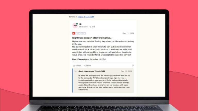 Trustpilot-anmeldelse fra ND som beskriver dårlig kundeservice og problemer med Jetpac eSIM i USA