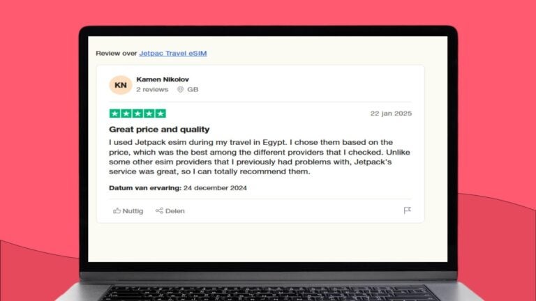 Trustpilot-anmeldelse fra Kamen Nikolov som fremhever god pris og kvalitet på Jetpac eSIM under reise i Egypt