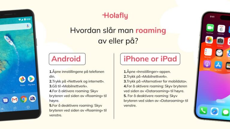 Bilde med en trinn-for-trinn-guide til hvordan du slår roaming på eller av på både iPhone og Android