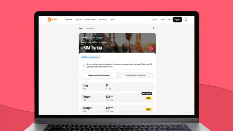 Skjermbilde av Yesim sin nettside som viser priser for ubegrenset data i Tyrkia for 1, 7 og 15 dager.