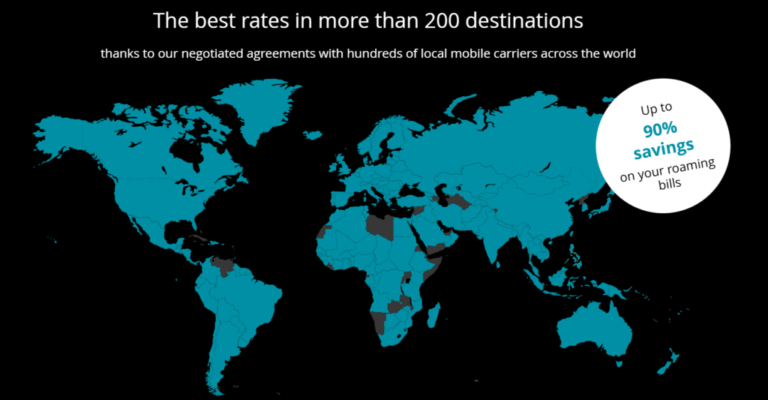 Et verdenskart som viser den globale dekningsgraden til Ubigi eSIM i mer enn 200 destinasjoner, med informasjon om opptil 90 % besparelse på roamingkostnader.