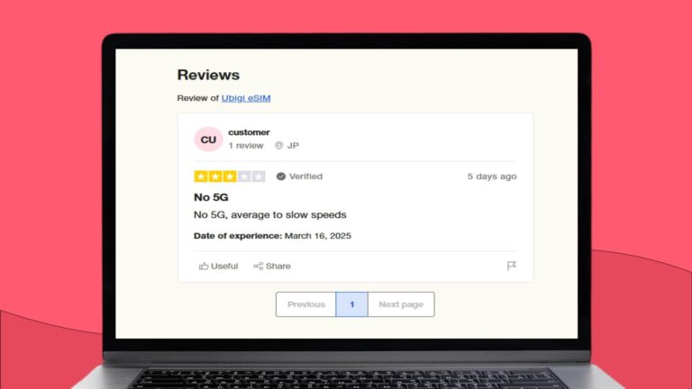Skjermbilde av en 2-stjerners anmeldelse på Trustpilot for Ubigi eSIM hvor en kunde uttrykker misnøye med manglende 5G-tilkobling og trege internetthastigheter.
