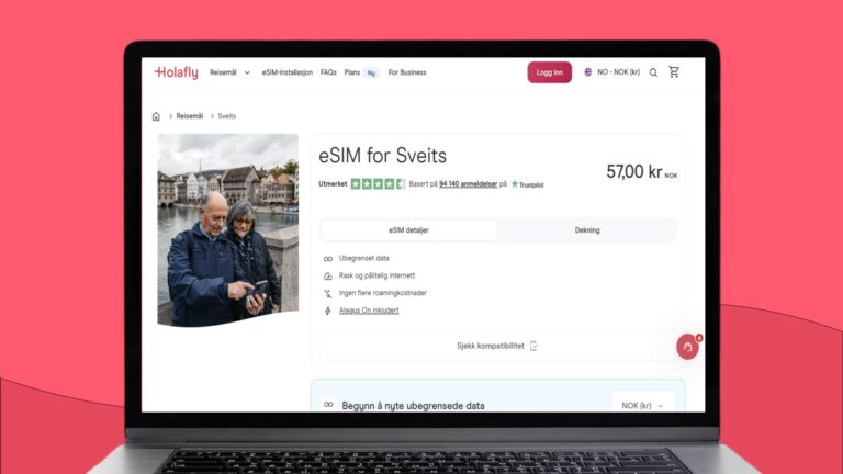 Laptopskjerm som viser nettsiden til Holafly der eSIM for Sveits blir annonsert
