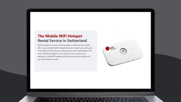 Laptopskjerm som viser informasjon om lomme-WiFi i Sveits fra iSpot Connect