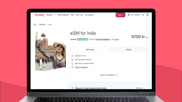 Laptopskjerm som viser nettsiden til Holafly der eSIM for India blir annonsert