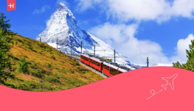 Rødt turisttog i Zermatt med Matterhorn i bakgrunnen som utvalgt bilde til en artikkel om internett i Sveits
